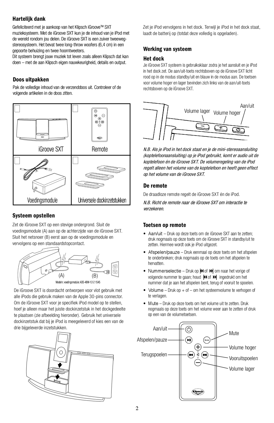 Klipsch owner manual IGroove SXT Remote Voedingsmodule 