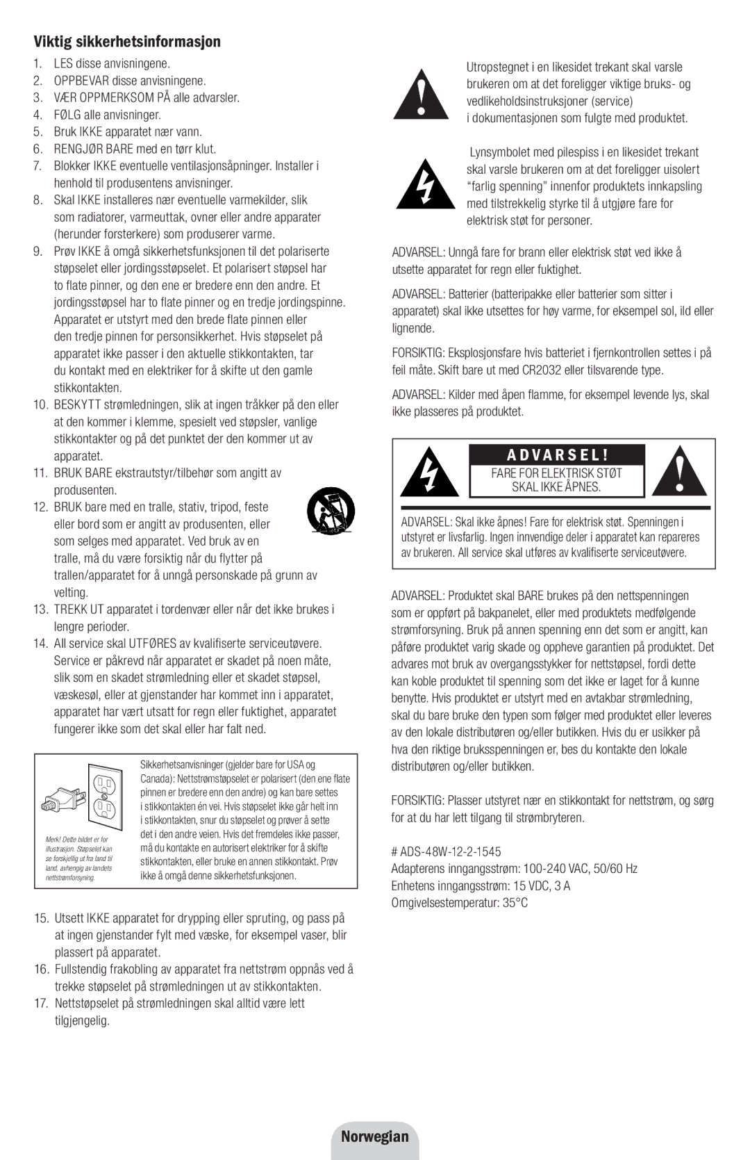 Klipsch SXT owner manual Viktig sikkerhetsinformasjon, Norwegian, Dokumentasjonen som fulgte med produktet 