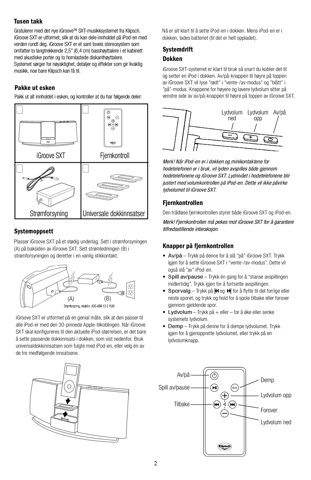 Klipsch owner manual IGroove SXT Fjernkontroll 