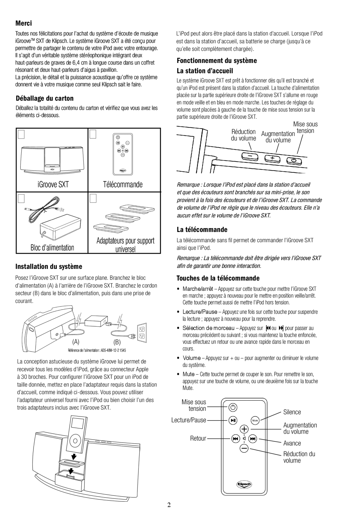 Klipsch owner manual IGroove SXT Télécommande, Universel 