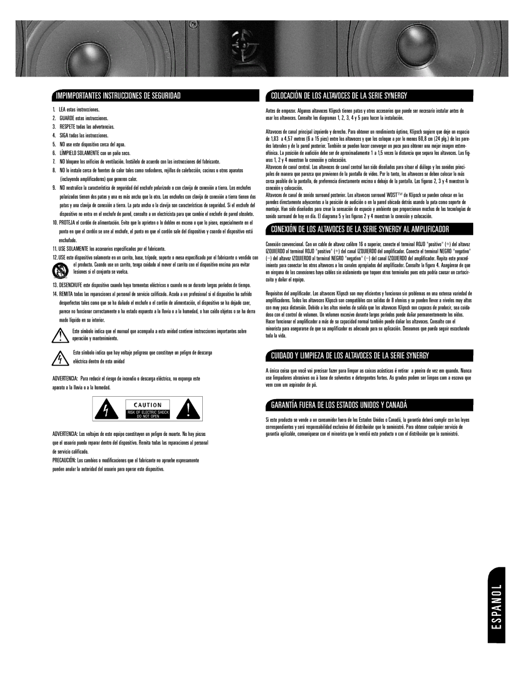 Klipsch Syn.3 03 owner manual Garantía Fuera DE LOS Estados Unidos Y Canadá, Impimportantes Instrucciones DE Seguridad 