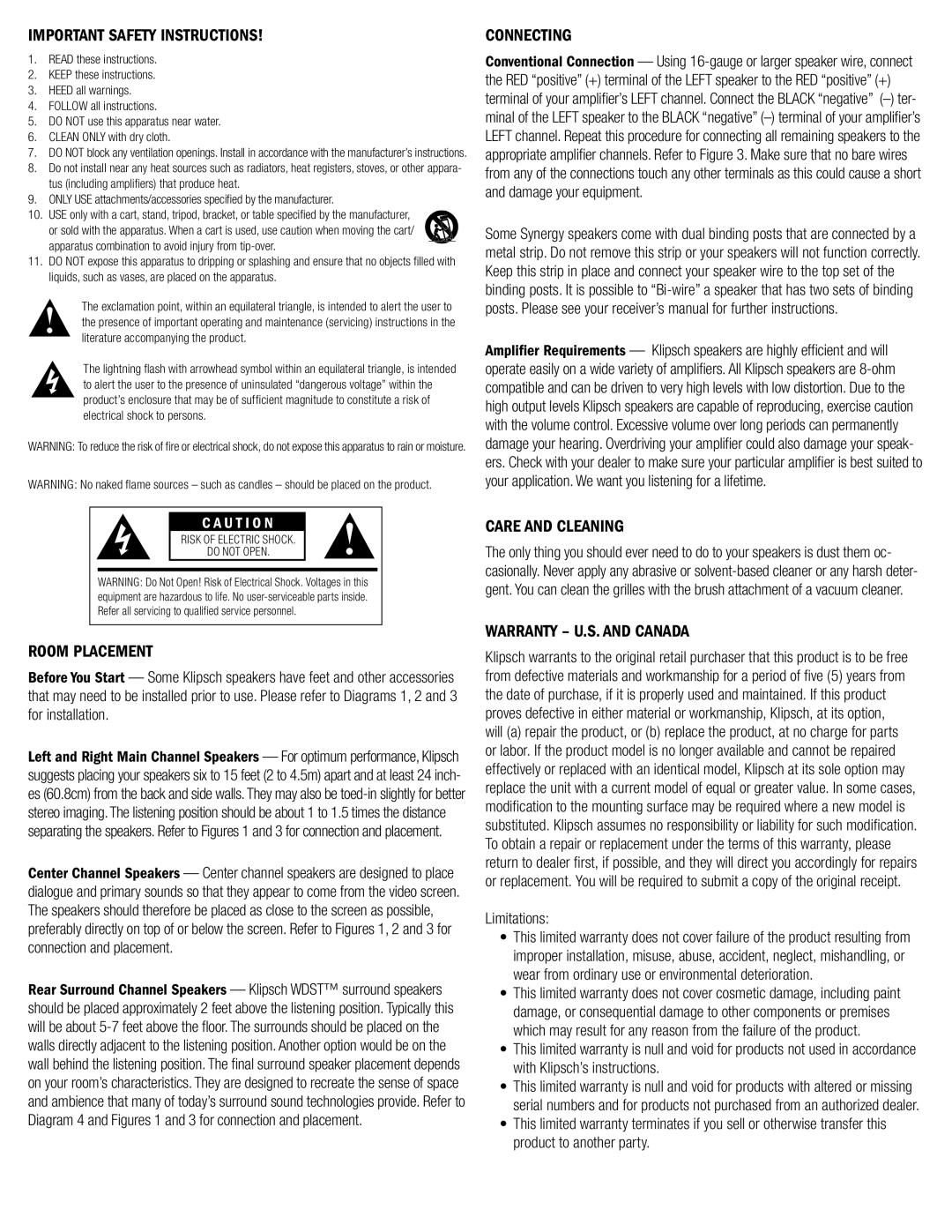 Klipsch SYNERGY-F-30 owner manual Important Safety Instructions, Room Placement, Connecting, Care and Cleaning 