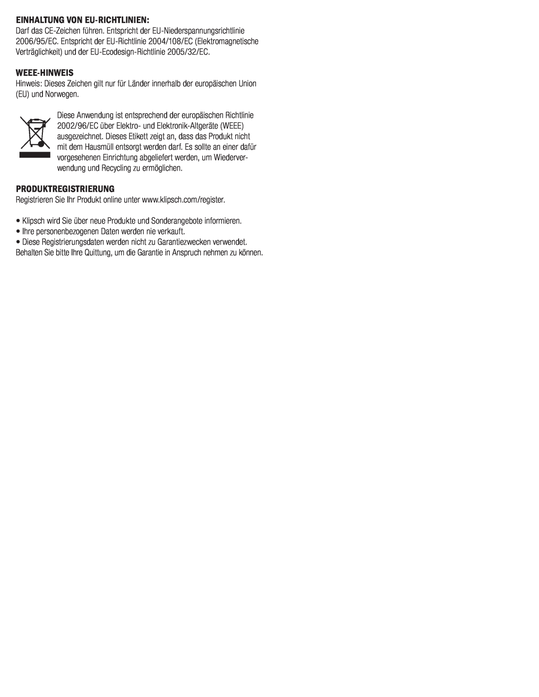 Klipsch SYNERGY-F-30 owner manual Einhaltung Von Eu-Richtlinien, Weee-Hinweis, Produktregistrierung 