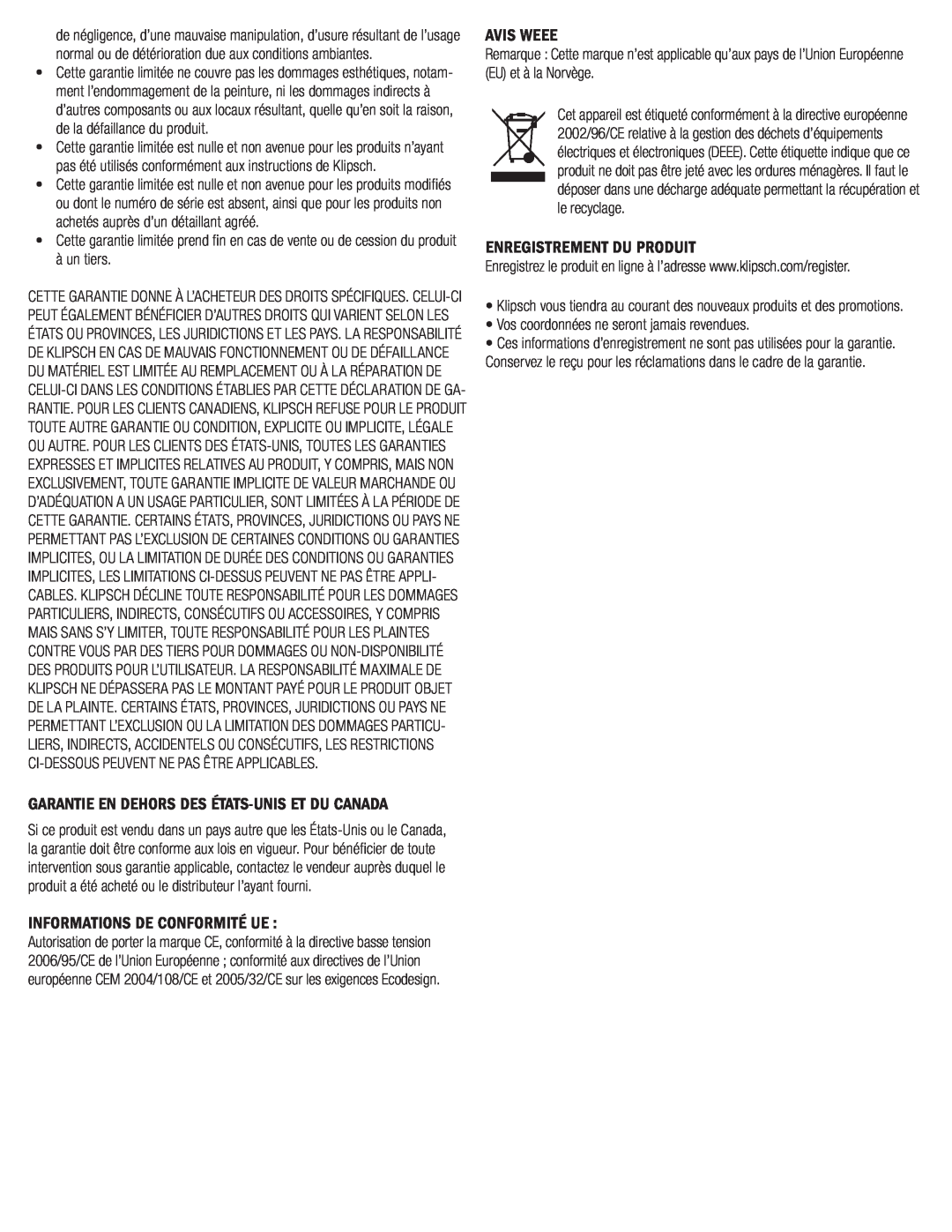 Klipsch SYNERGY-F-30 owner manual Informations De Conformité Ue, Avis Weee, Enregistrement Du Produit 