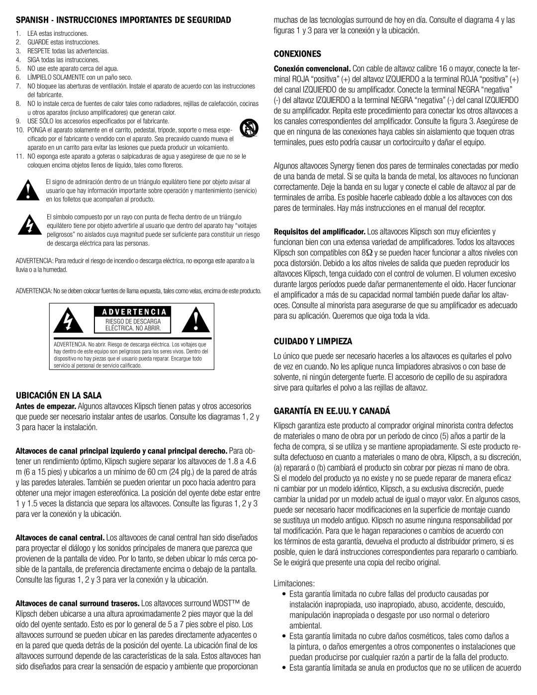 Klipsch SYNERGY-F-30 owner manual Ubicación En La Sala, Conexiones, Cuidado Y Limpieza, Garantía En Ee.Uu. Y Canadá 