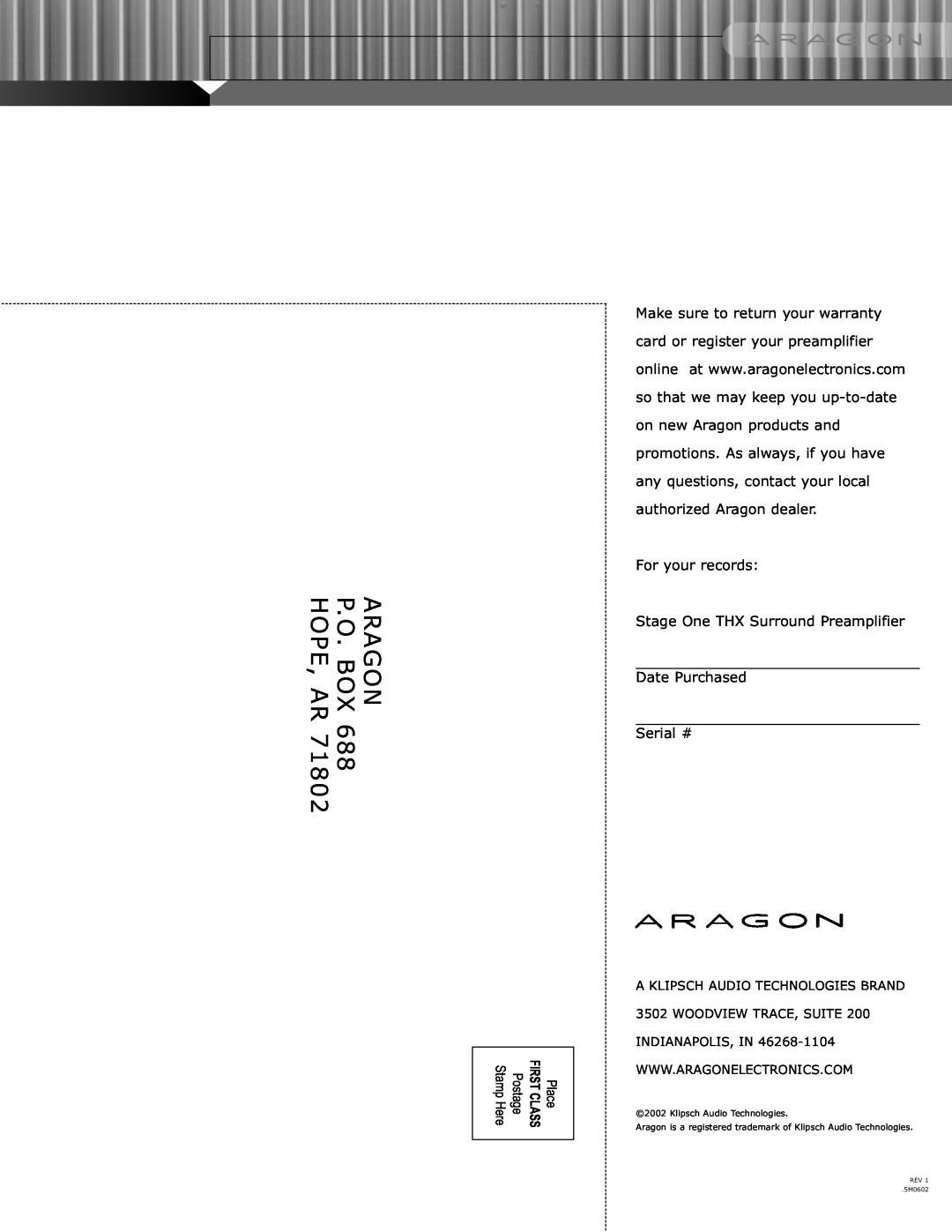 Klipsch THX ULTRA2 manual Hope, Ar, P.O. Box, Aragon, 71802, Stamp Here 