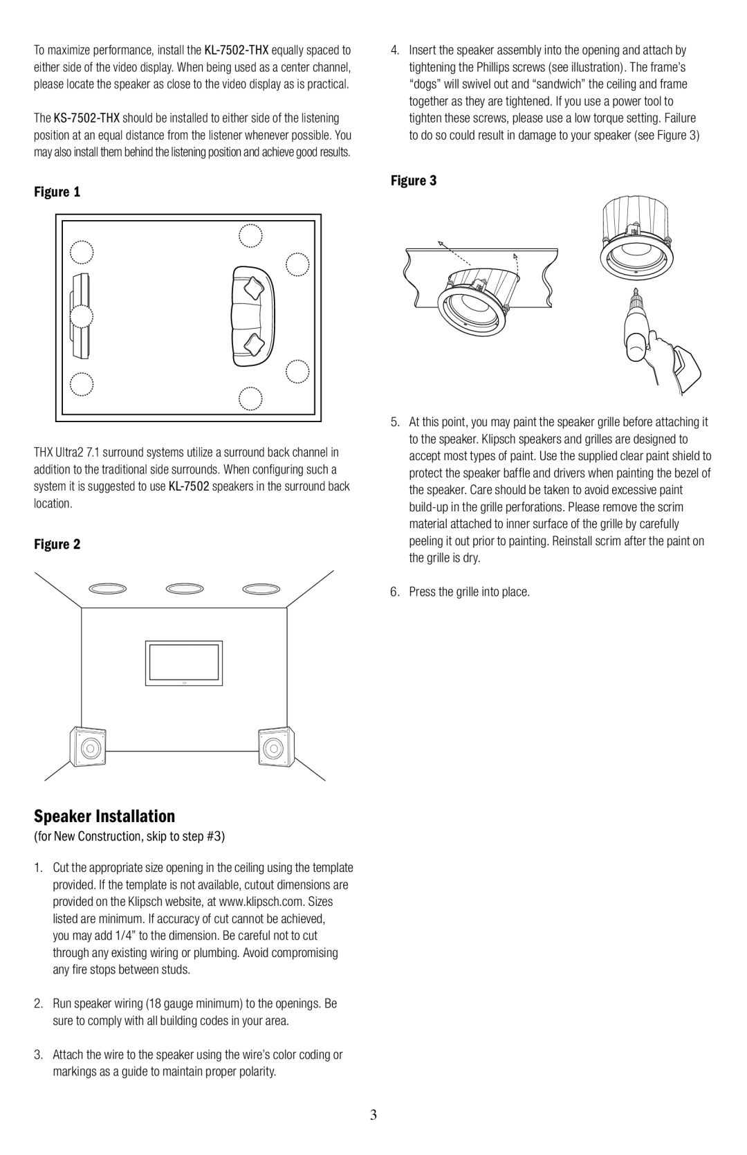 Klipsch ULTRA2 owner manual Speaker Installation, For New Construction, skip to step #3 