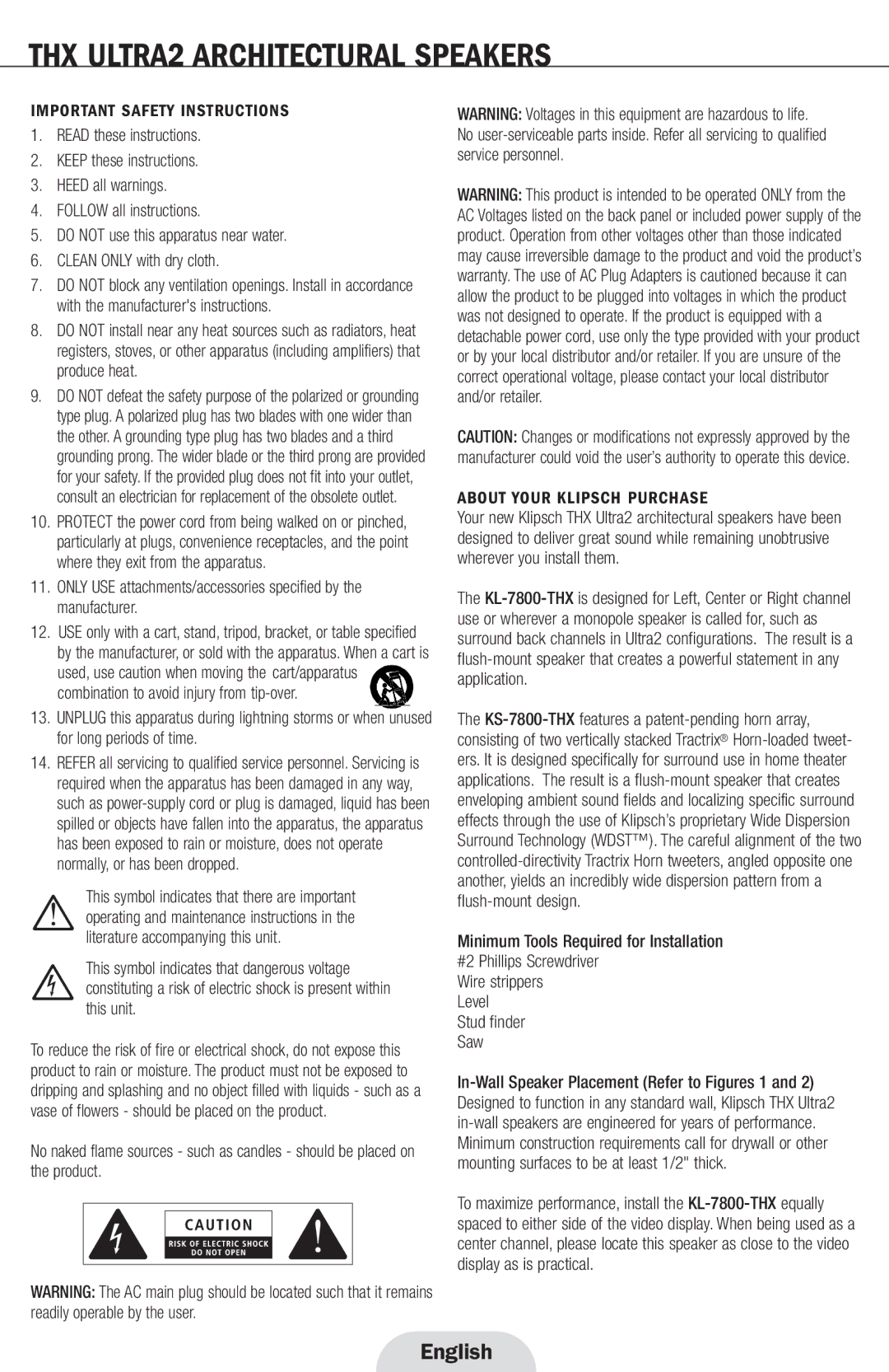 Klipsch ULTRA2 owner manual Important Safety Instructions, About Your Klipsch Purchase 