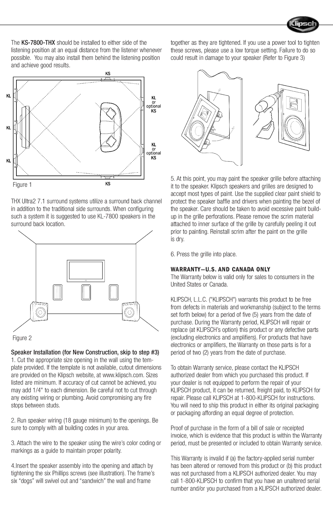 Klipsch ULTRA2 owner manual WARRANTY-U.S. and Canada only 