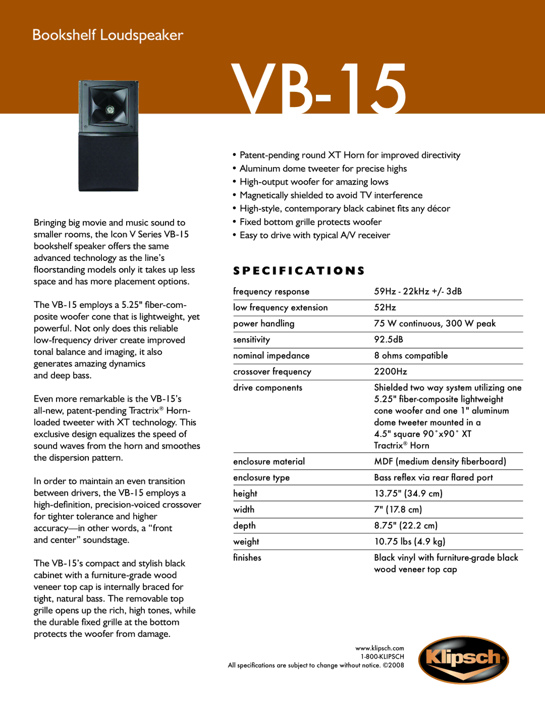 Klipsch VB-15 specifications Bookshelf Loudspeaker, Specification s 