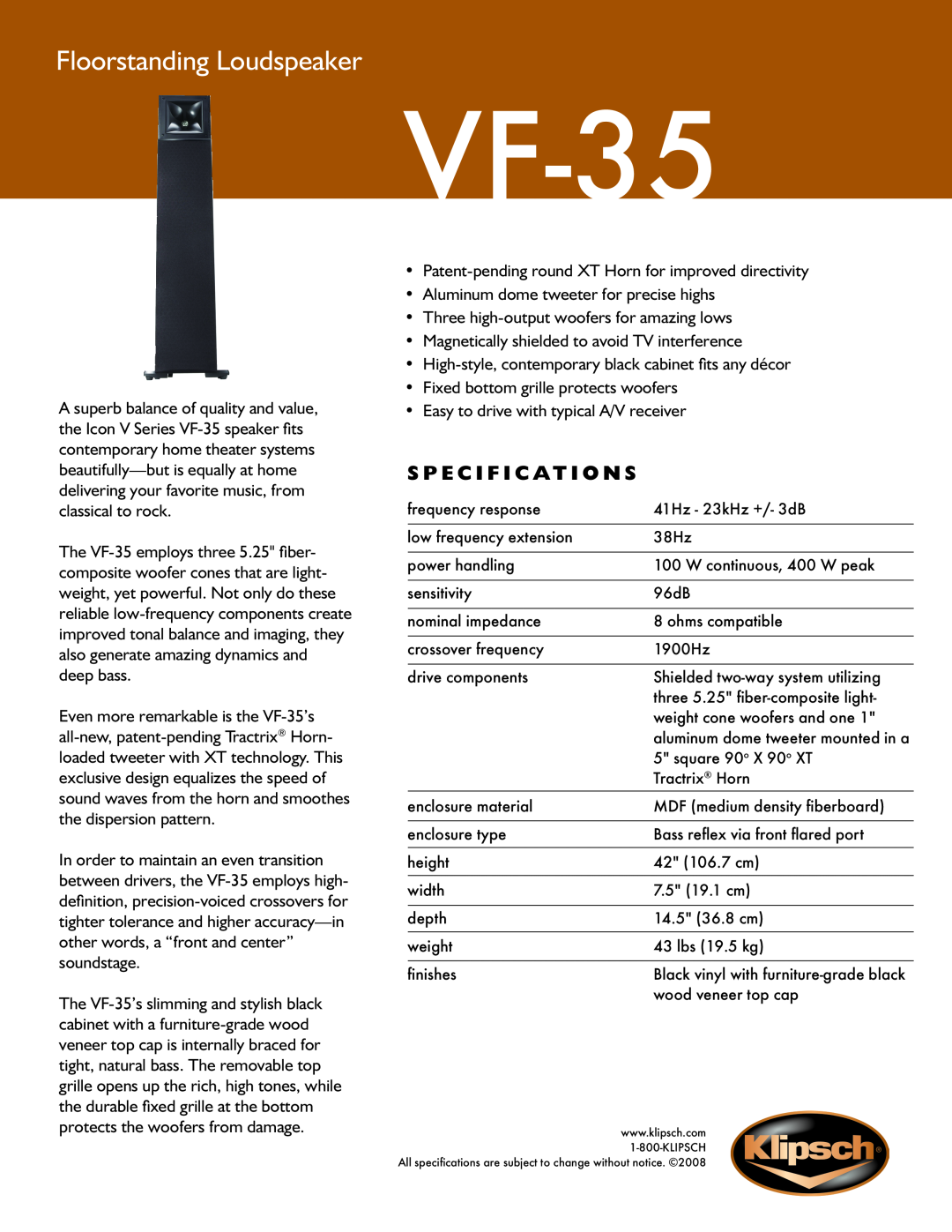Klipsch VF-35 specifications Floorstanding Loudspeaker, S p e c i f i c a t i o n s 