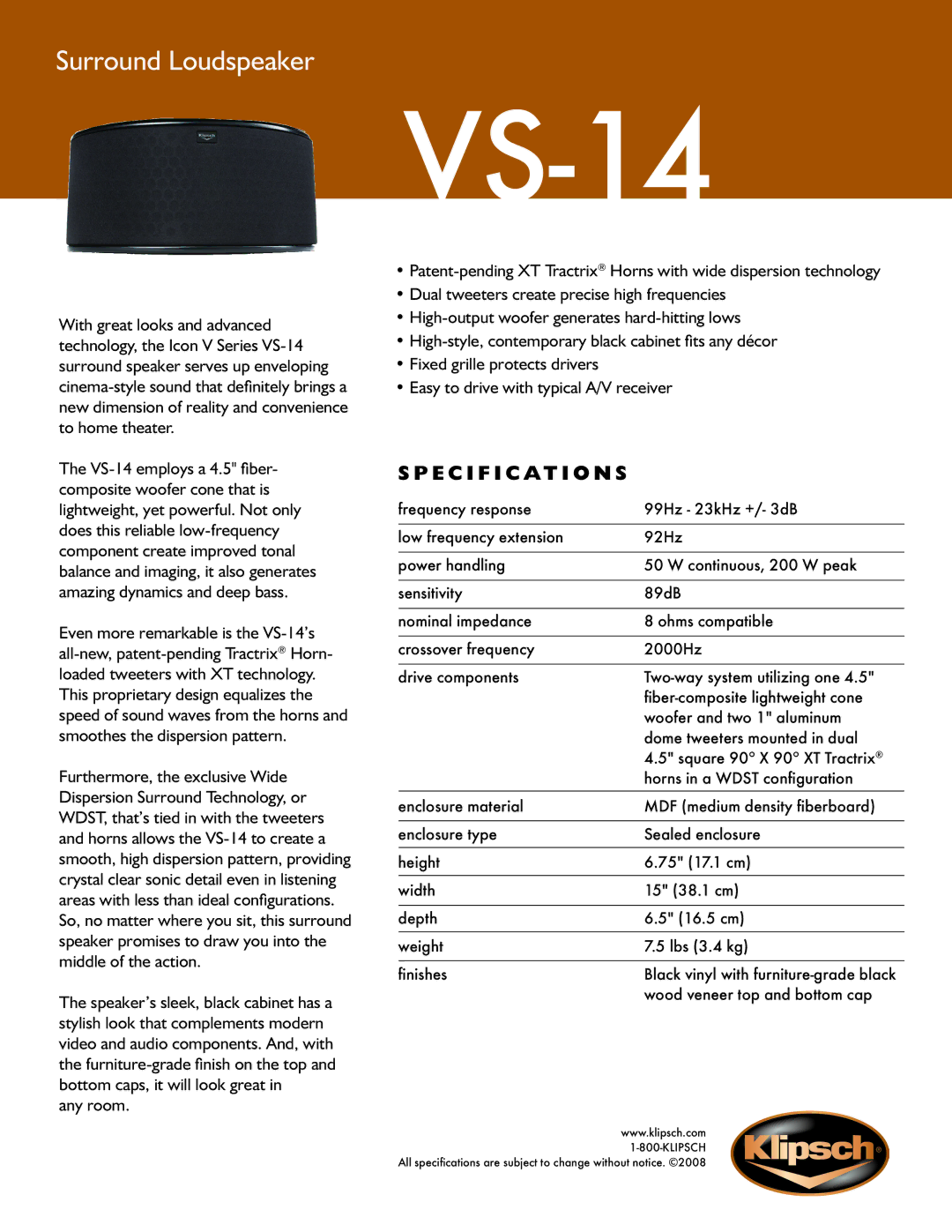 Klipsch V Series, VS-14 Series specifications Specification s 