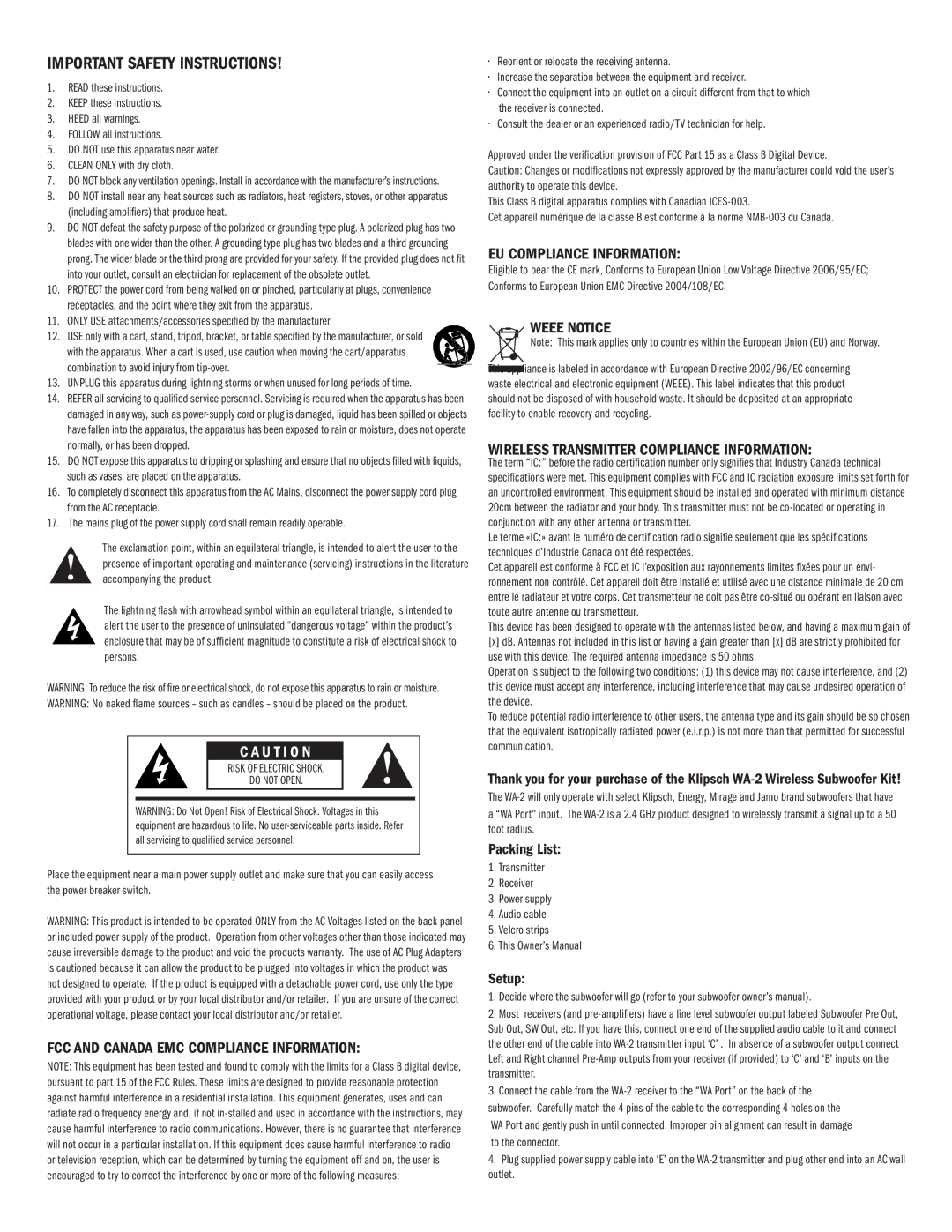 Klipsch WA-2 owner manual FCC and Canada EMC Compliance Information, EU Compliance Information, Weee Notice 