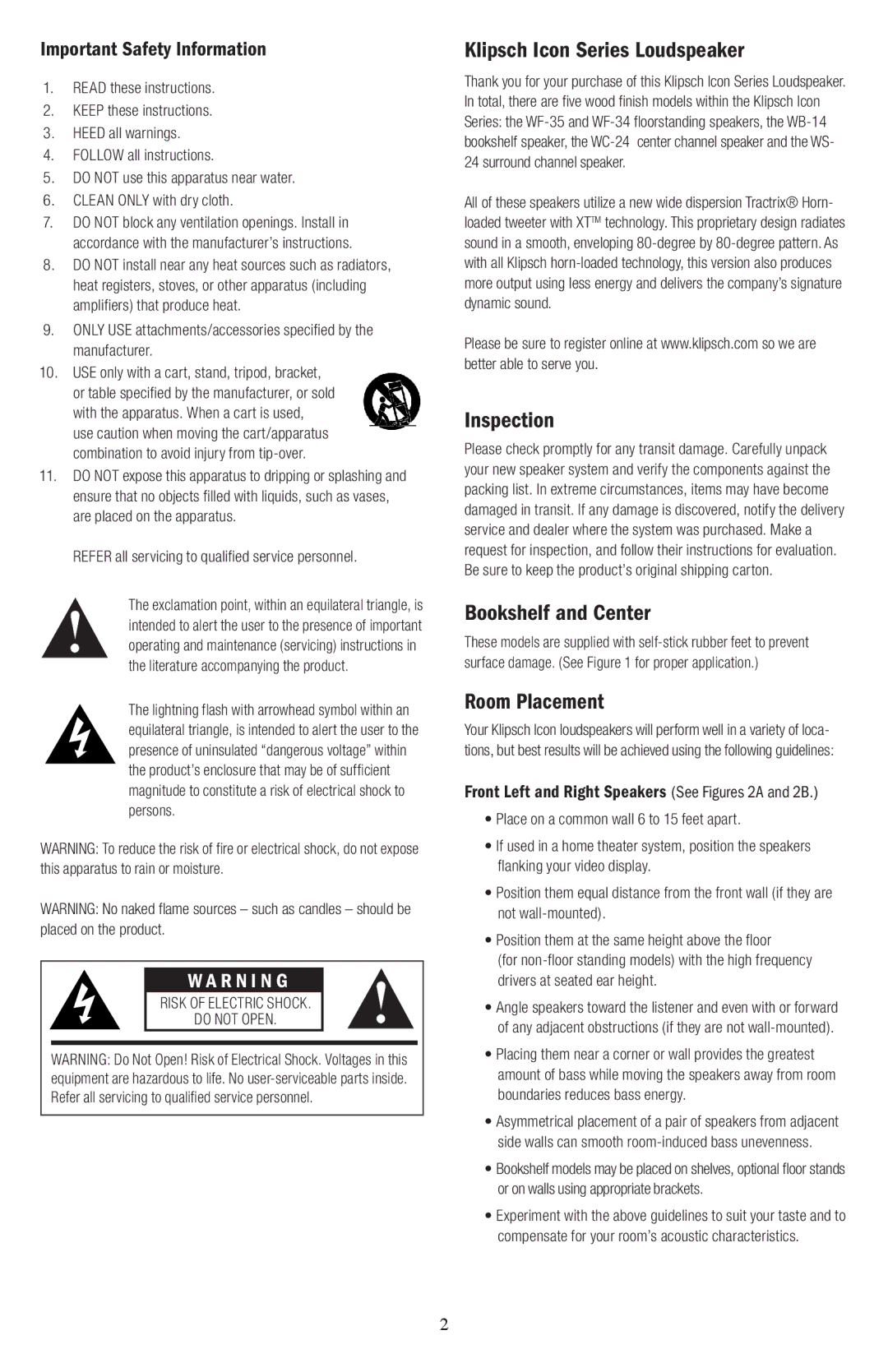 Klipsch WF-35E owner manual Klipsch Icon Series Loudspeaker, Inspection, Bookshelf and Center, Room Placement 