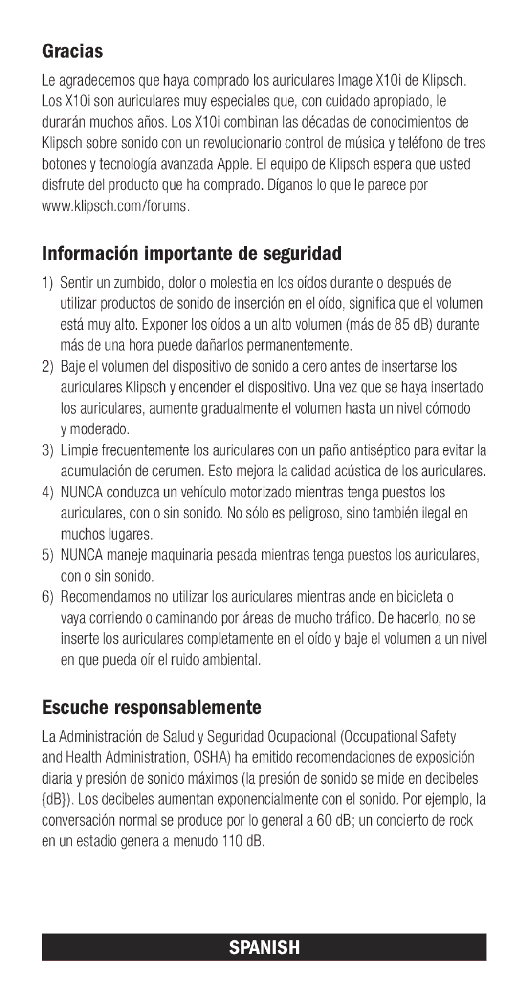 Klipsch X10I owner manual Gracias Información importante de seguridad, Escuche responsablemente, Spanish 