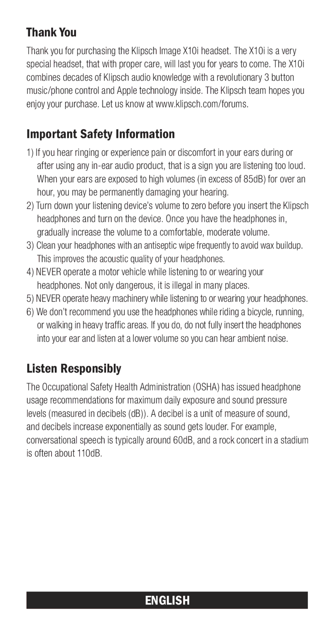 Klipsch X10I owner manual Thank You Important Safety Information, Listen Responsibly, English 