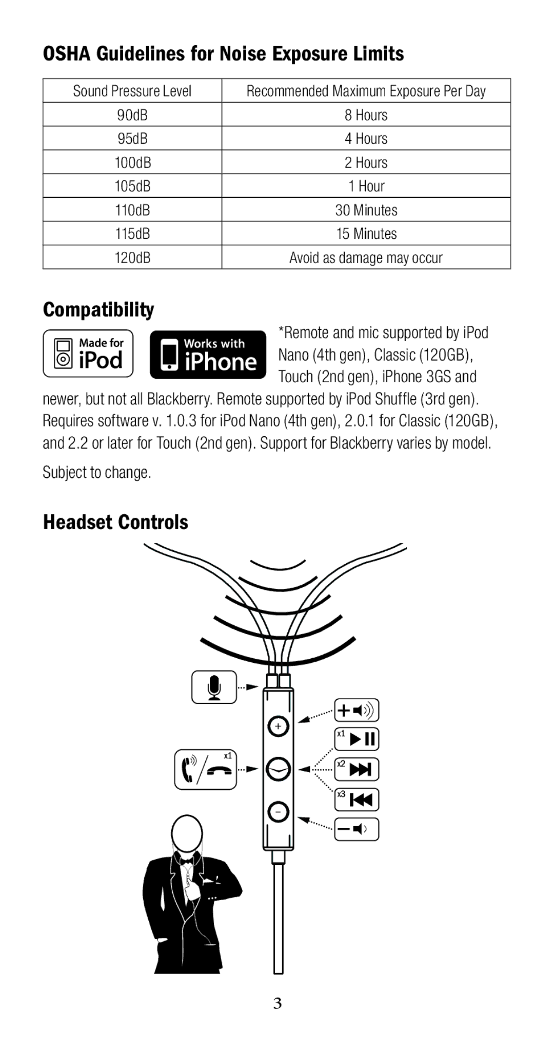 Klipsch X10I Osha Guidelines for Noise Exposure Limits, Compatibility, Headset Controls, Nano 4th gen, Classic 120GB 