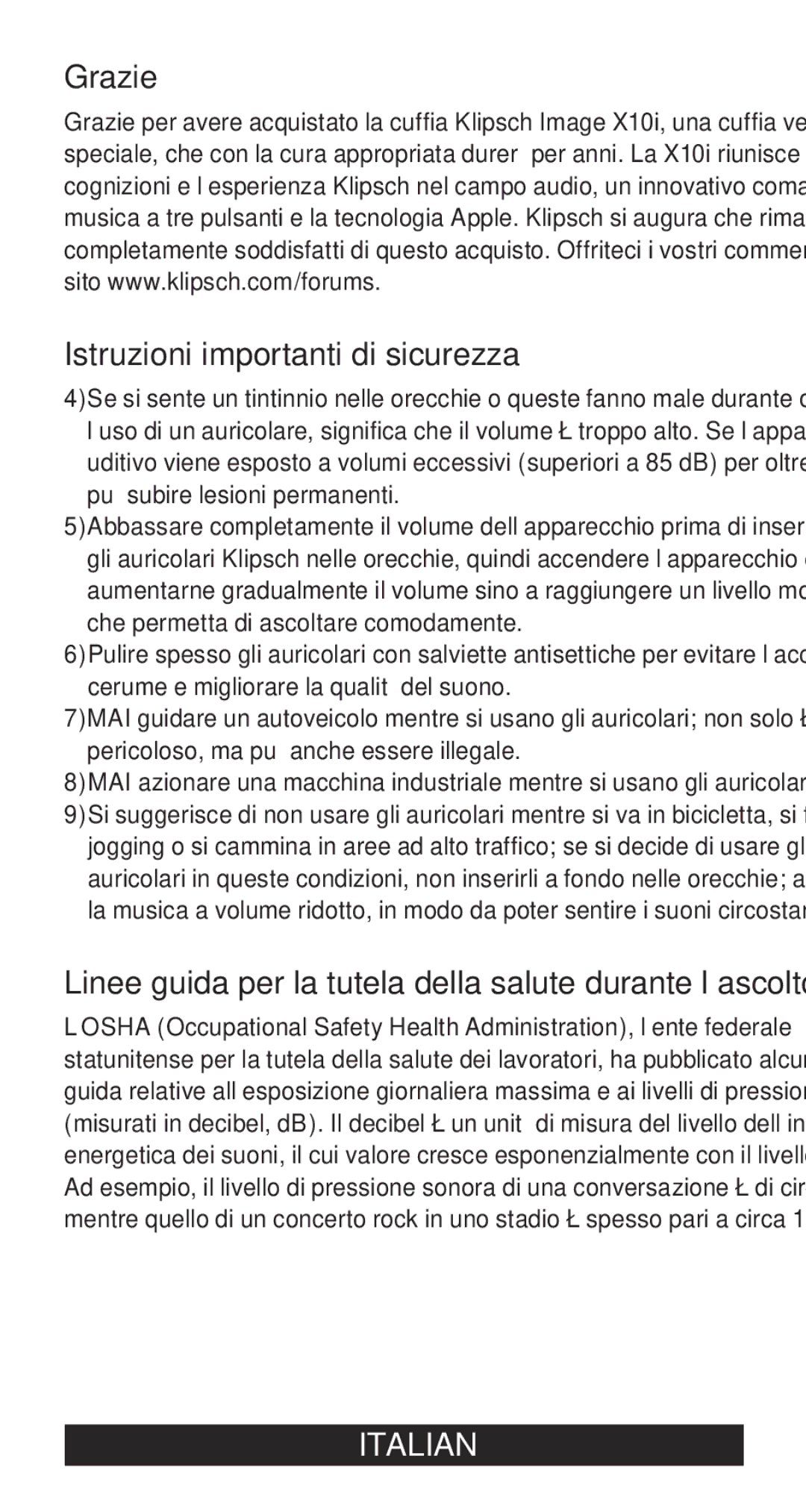 Klipsch X10I Grazie Istruzioni importanti di sicurezza, Italian, Linee guida per la tutela della salute durante l’ascolto 