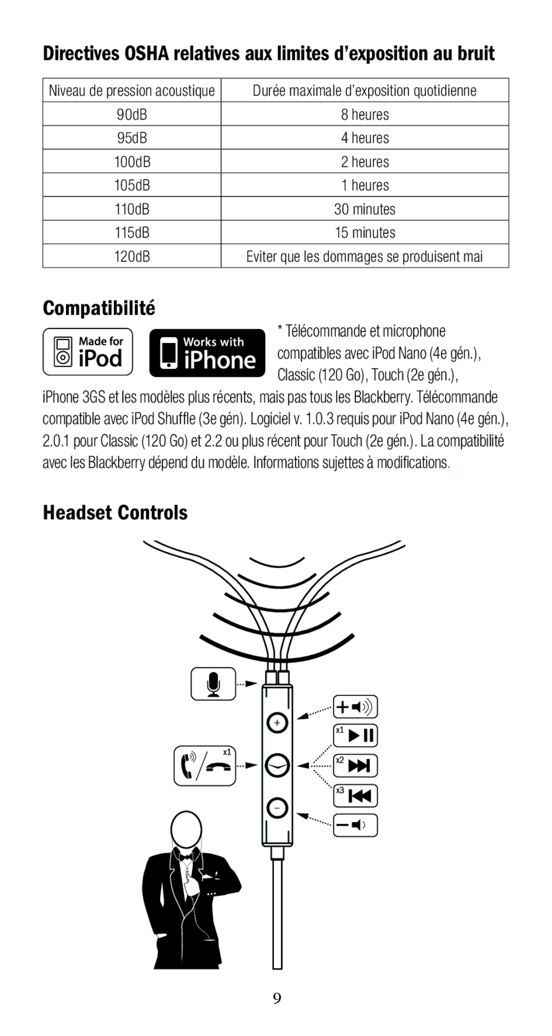 Klipsch X10I Compatibilité, Directives Osha relatives aux limites d’exposition au bruit, Télécommande et microphone 