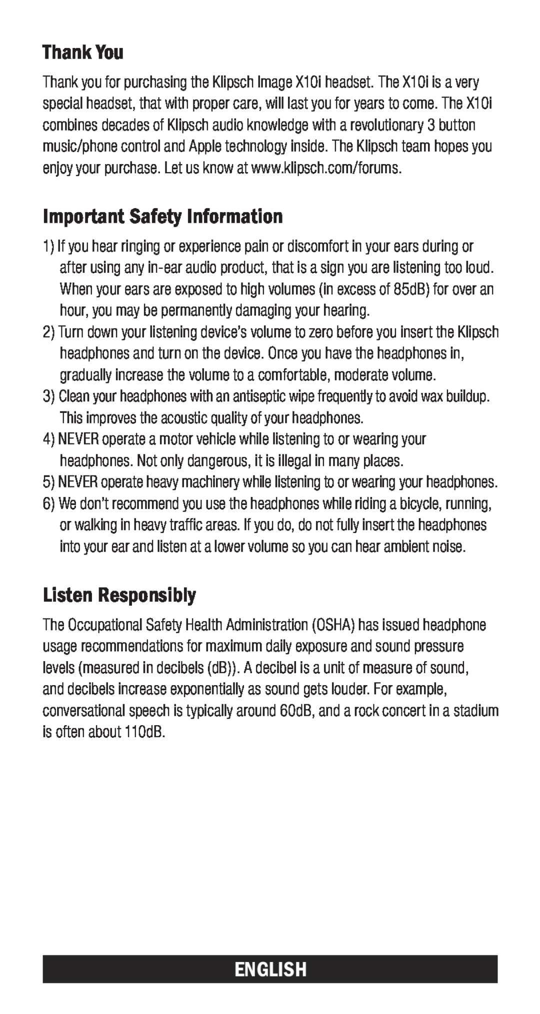 Klipsch X10I owner manual Thank You, Important Safety Information, Listen Responsibly, English 