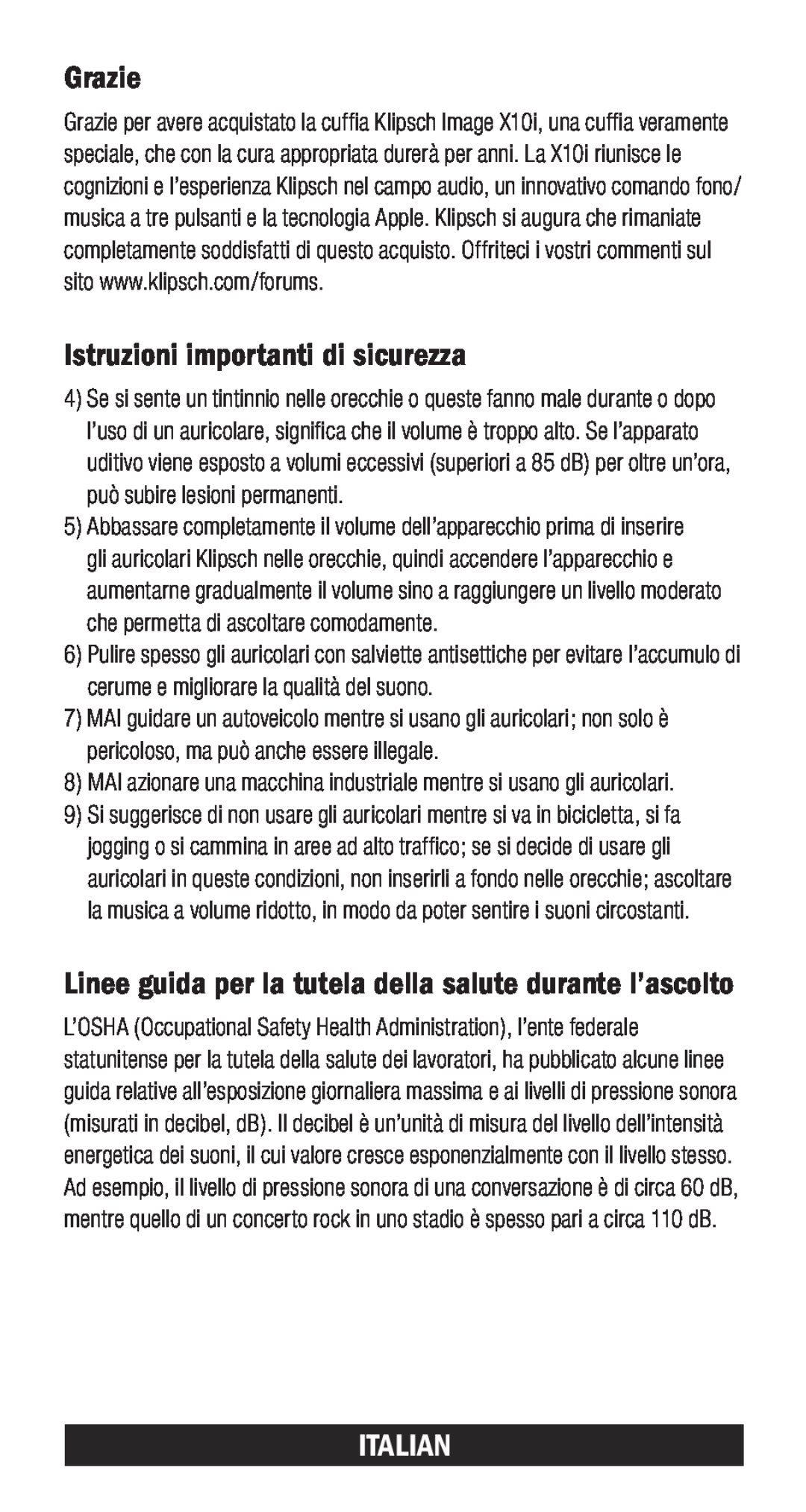 Klipsch X10I owner manual Grazie, Istruzioni importanti di sicurezza, Italian 
