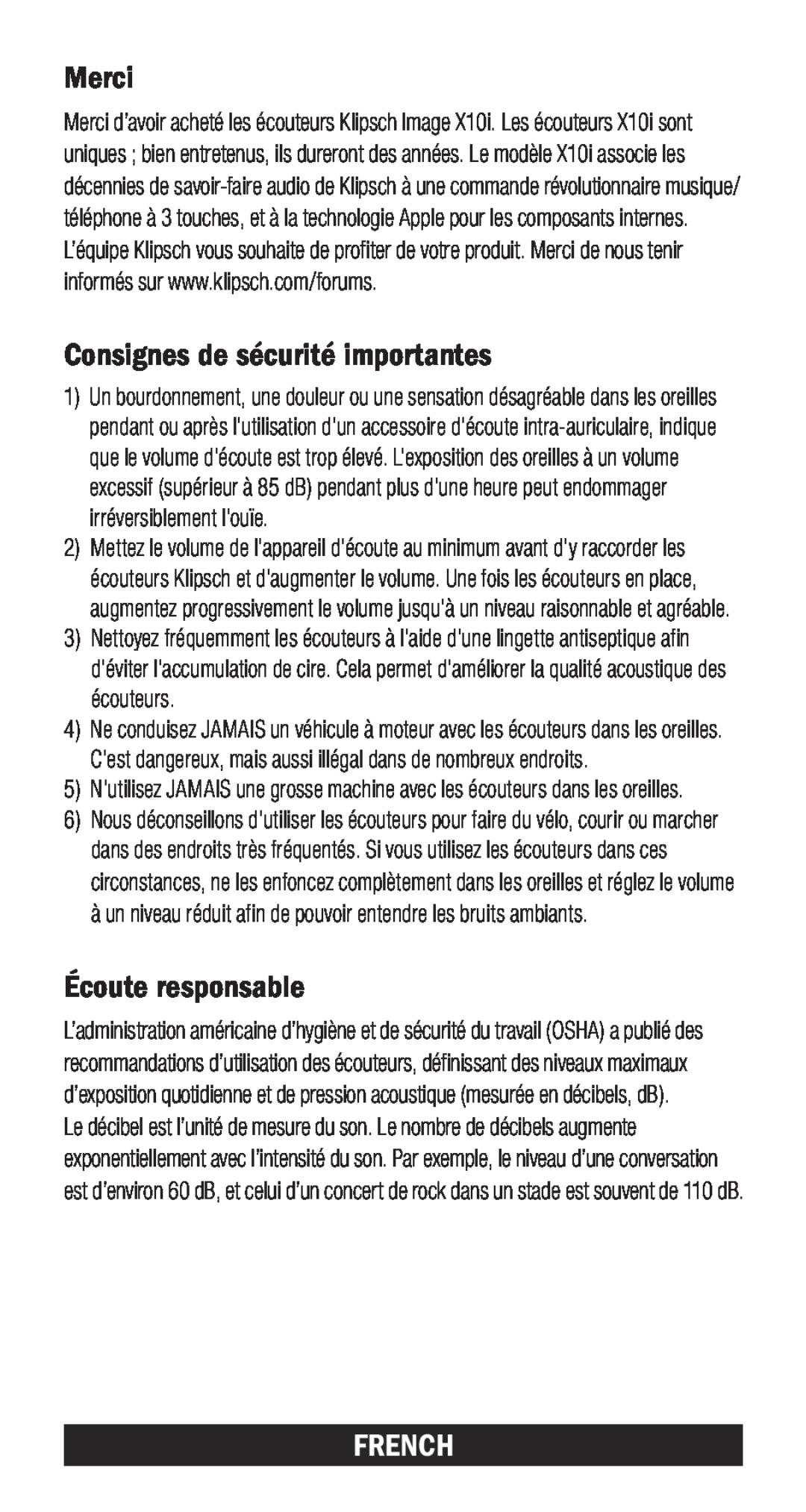 Klipsch X10I owner manual Merci, Consignes de sécurité importantes, Écoute responsable, French 