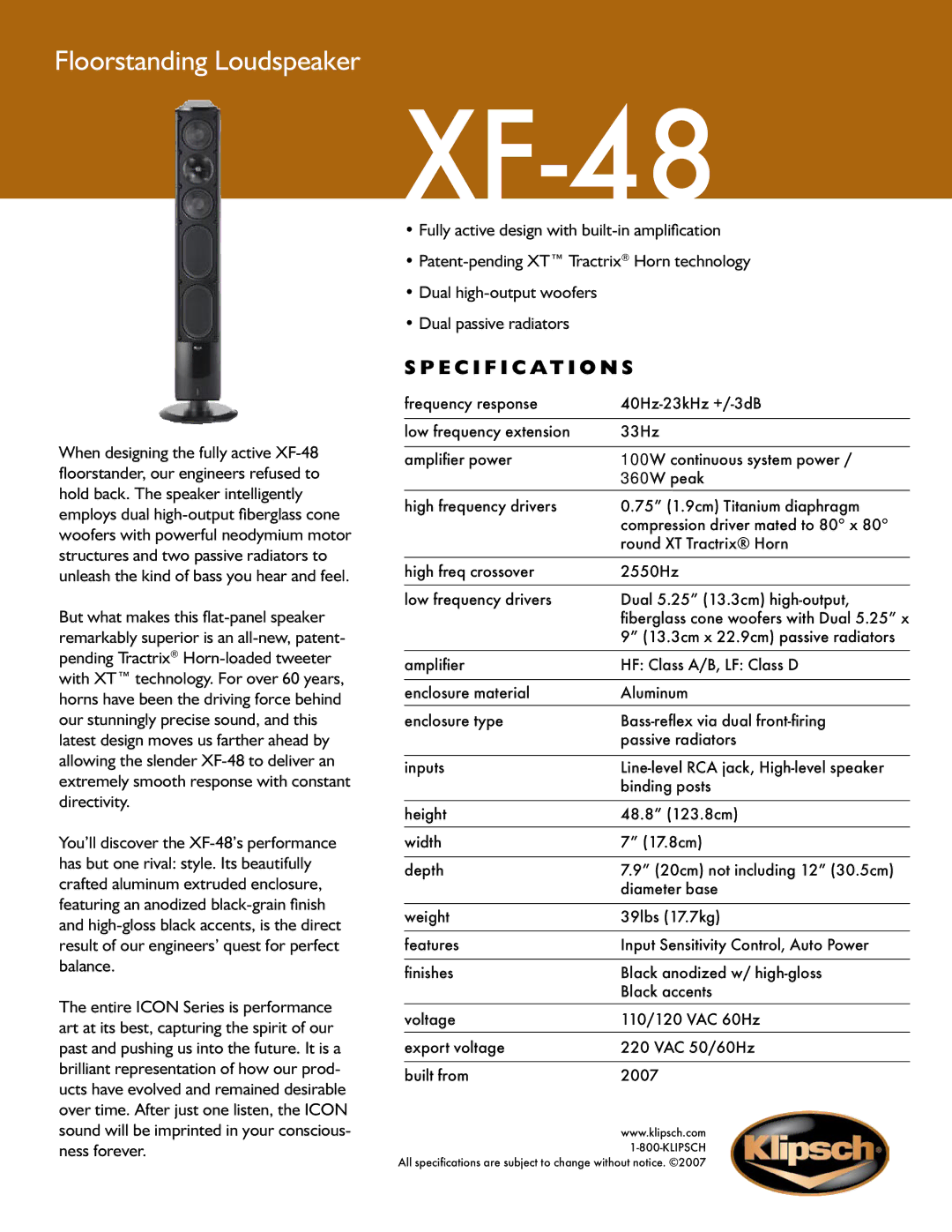 Klipsch XF-48 specifications Floorstanding Loudspeaker, Specification s 