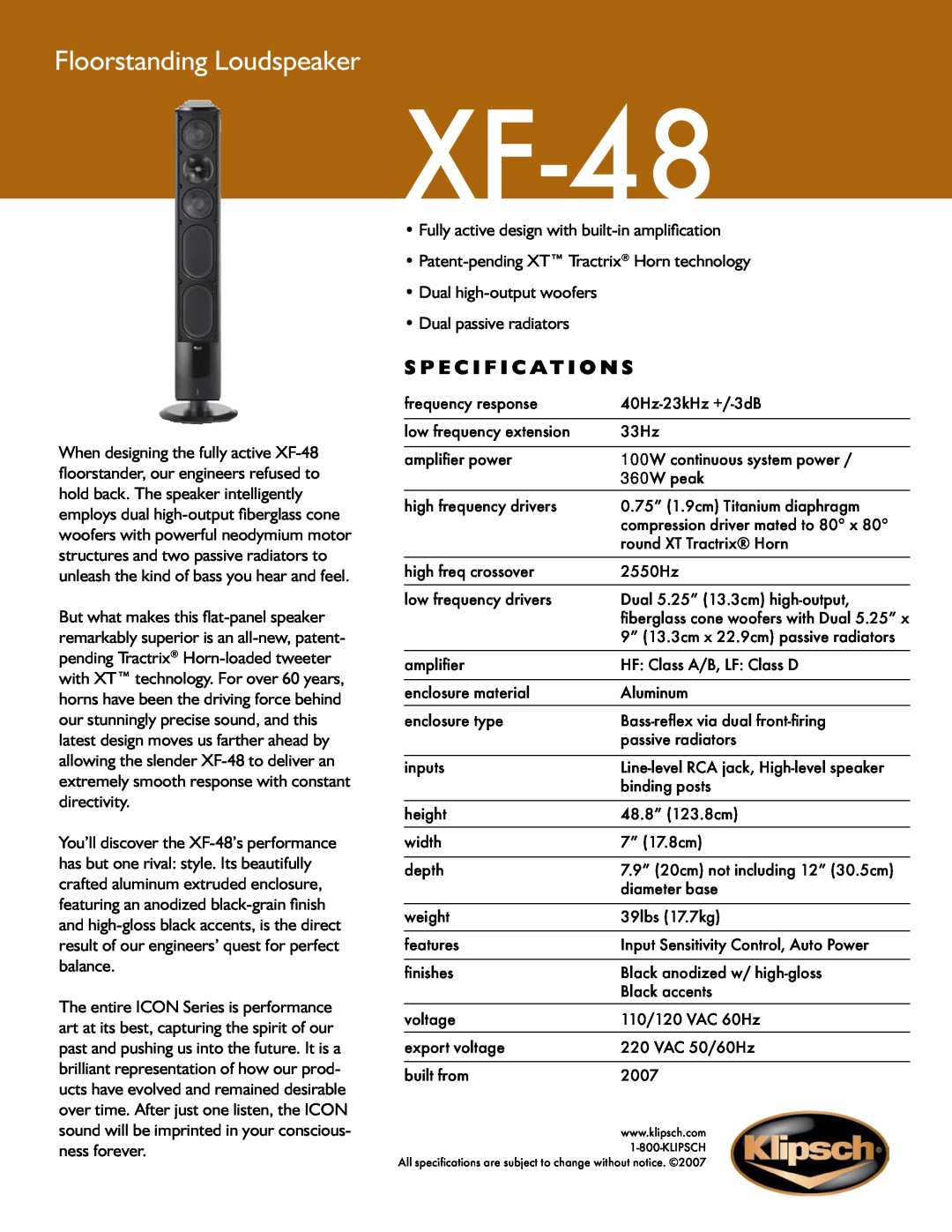 Klipsch XF-48 specifications Floorstanding Loudspeaker, S p e c i f i c a t i o n s 