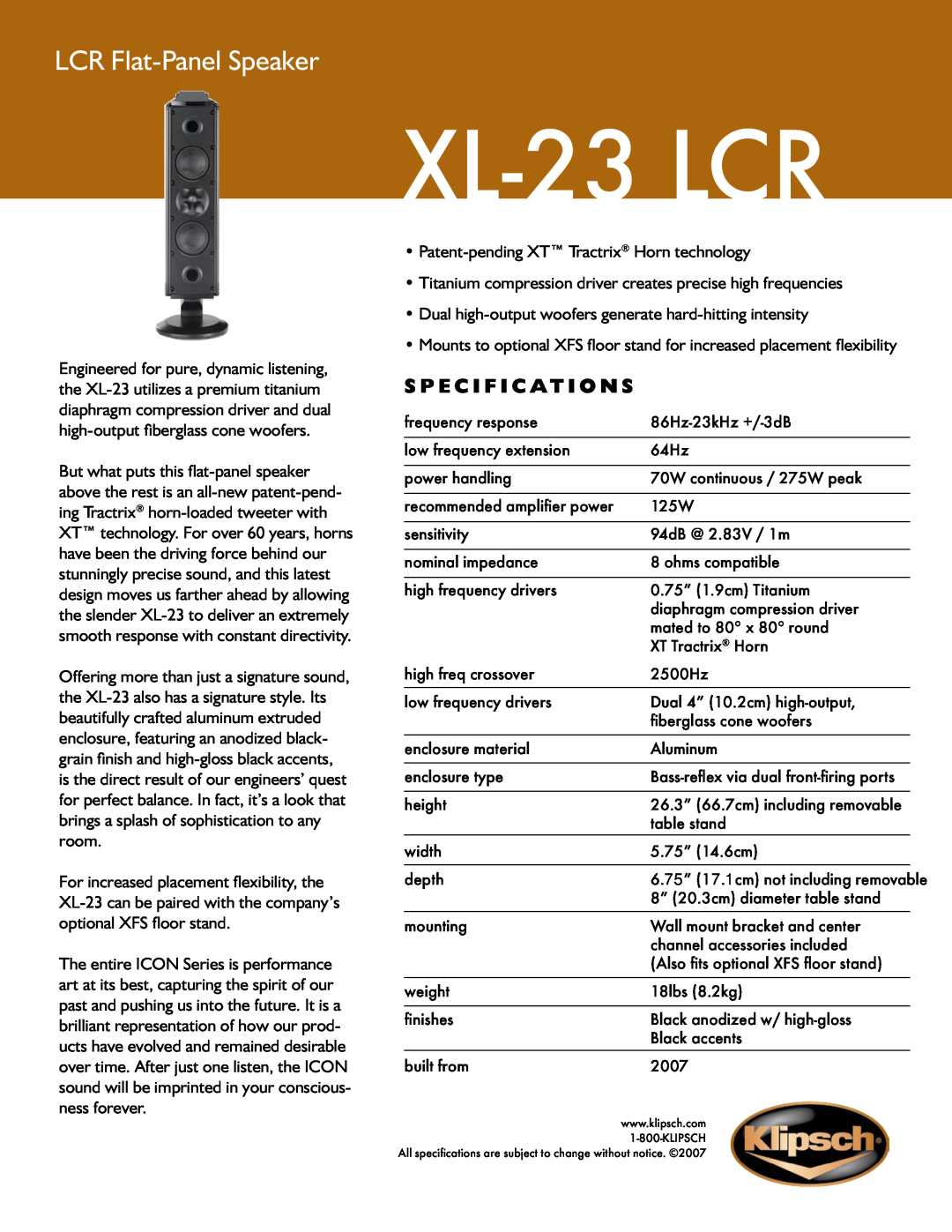 Klipsch specifications XL-23LCR, LCR Flat-PanelSpeaker, S p e c i f i c a t i o n s 