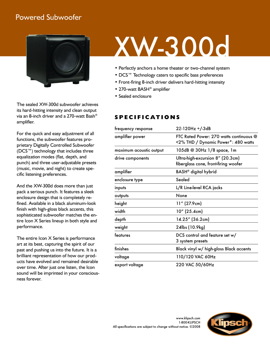 Klipsch XW-300d specifications Powered Subwoofer, Specification s 