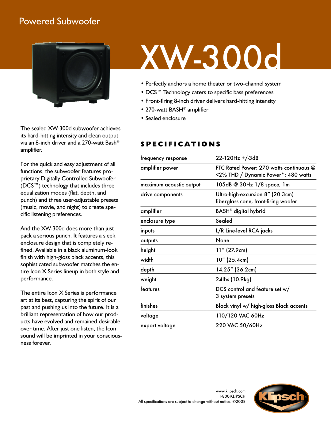 Klipsch XW-300d specifications Powered Subwoofer, S p e c i f i c a t i o n s 