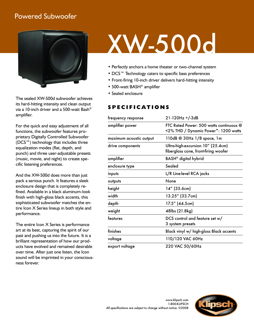 Klipsch Icon X Series specifications XW-500d, Powered Subwoofer, S p e c i f i c a t i o n s 