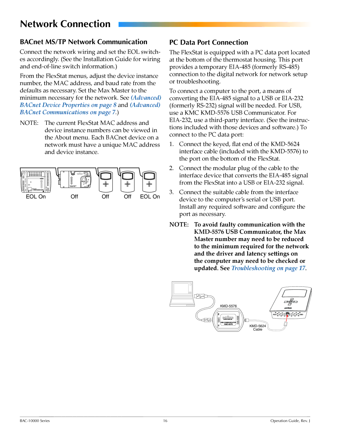 KMC BAC-10000 manual Network Connection, BACnet MS/TP Network Communication, PC Data Port Connection 