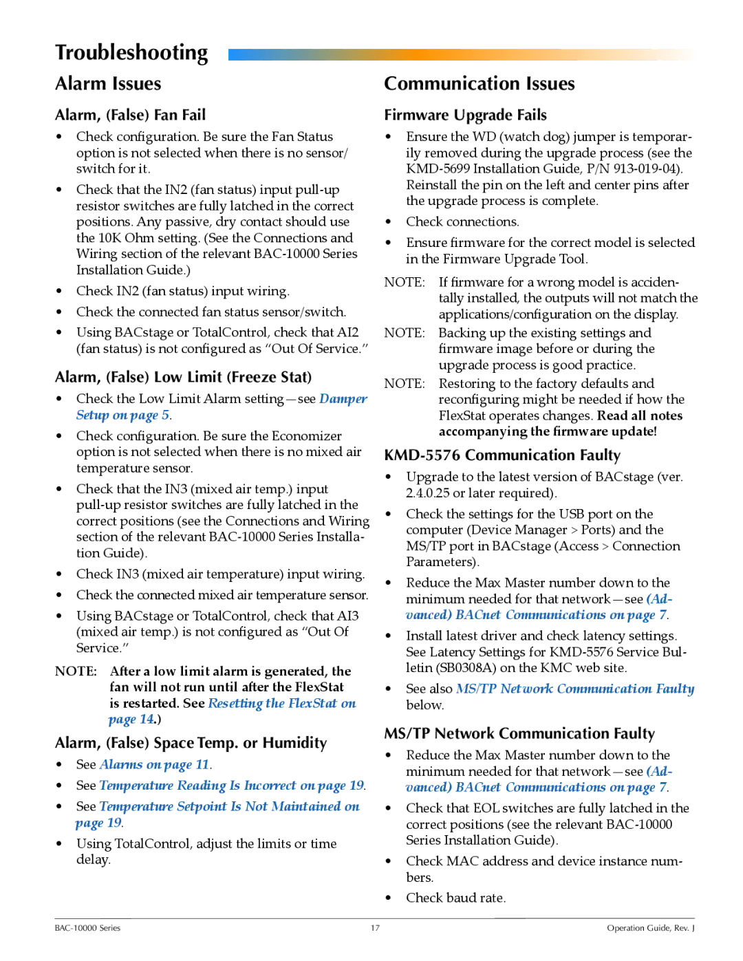 KMC BAC-10000 manual Troubleshooting, Alarm Issues, Communication Issues 