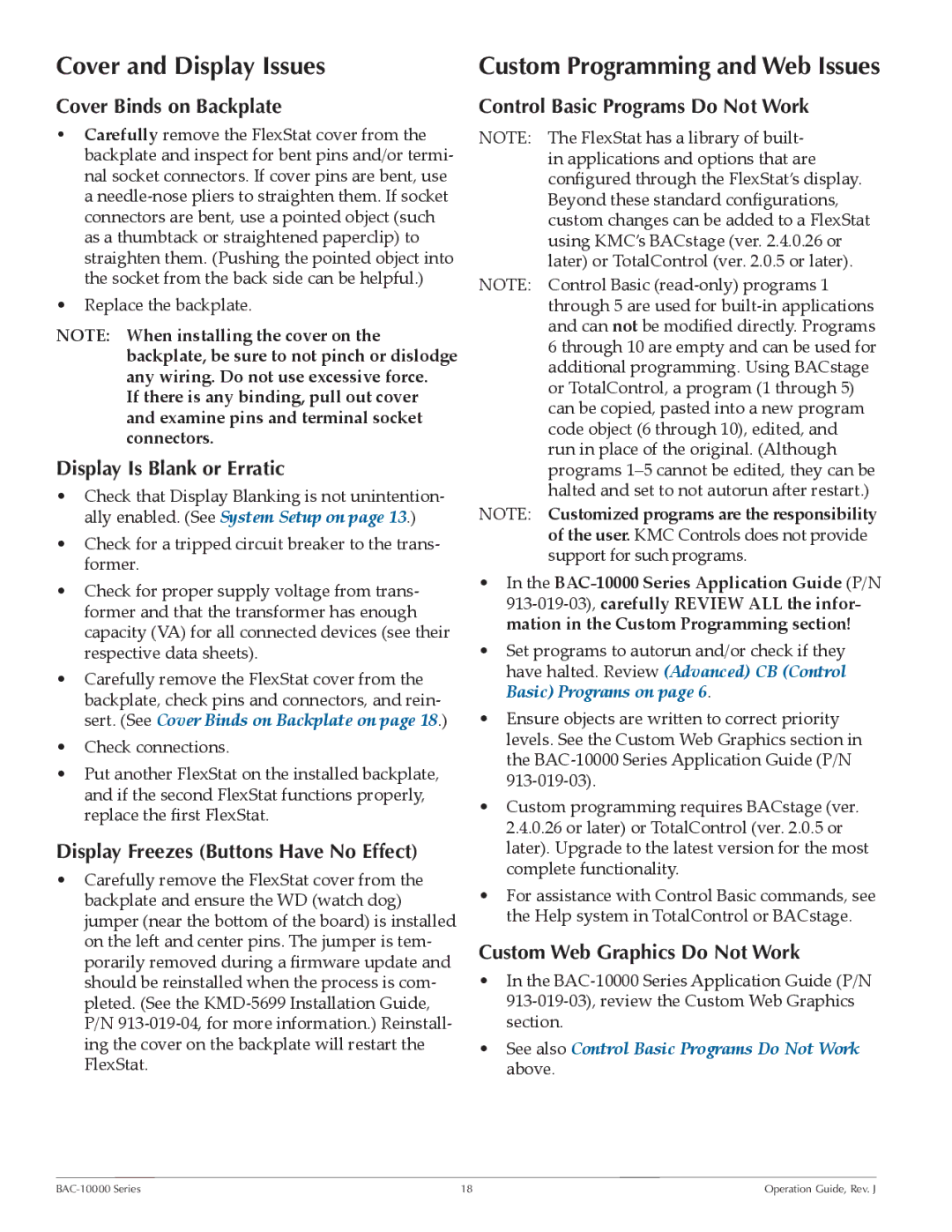 KMC BAC-10000 manual Cover and Display Issues, Custom Programming and Web Issues 