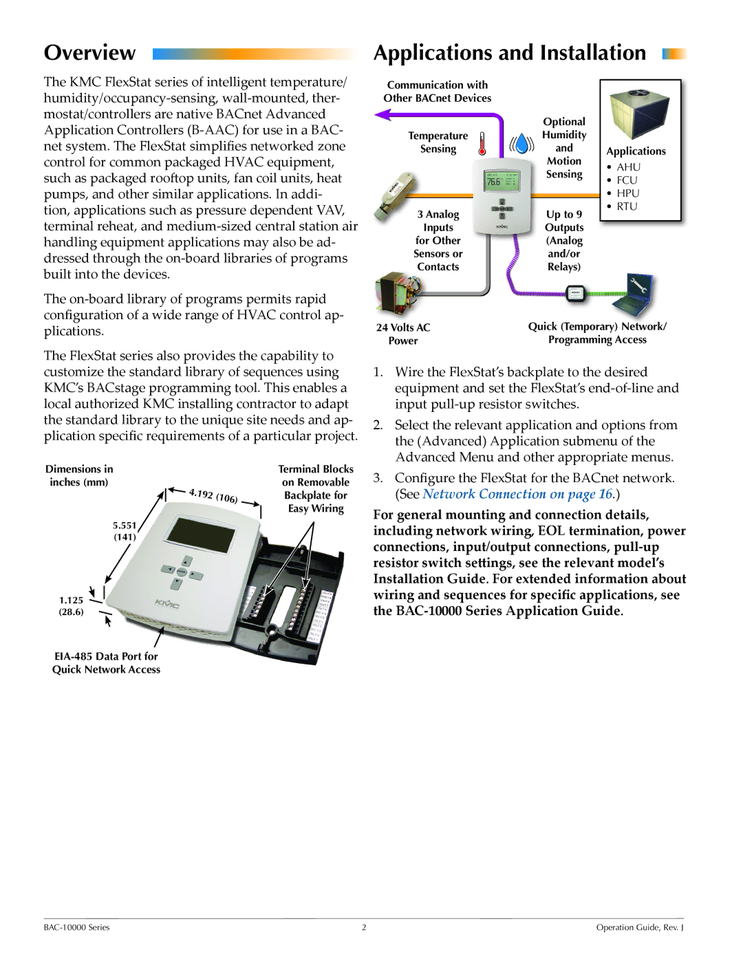 KMC BAC-10000 manual Overview Applications and Installation 