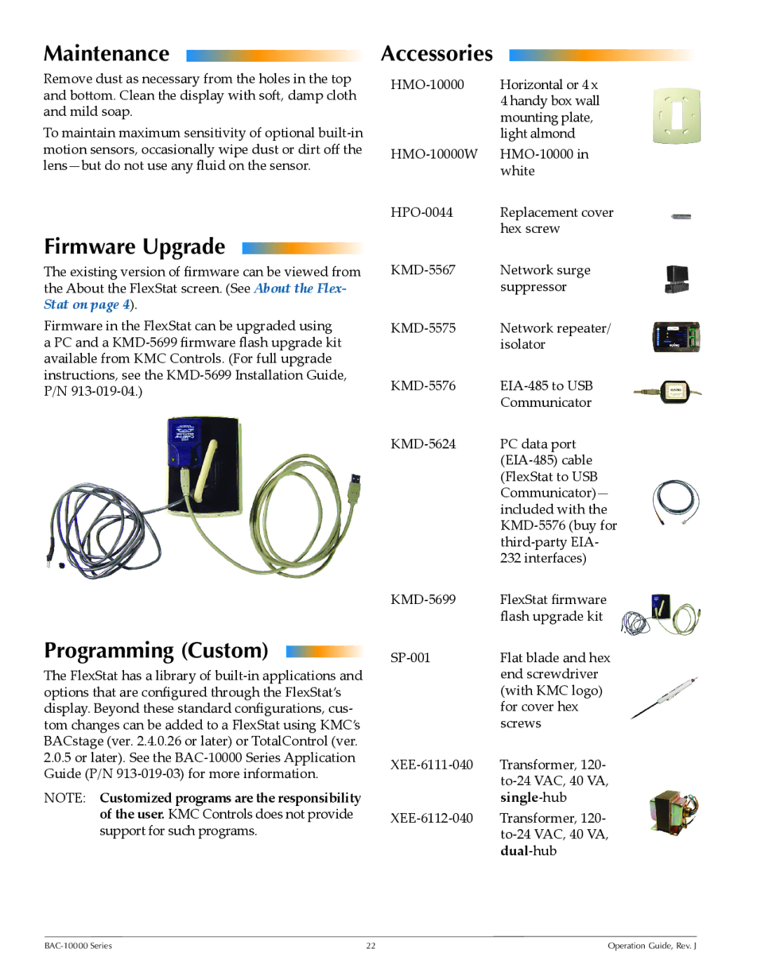 KMC BAC-10000 manual Maintenance, Firmware Upgrade, Accessories, Programming Custom 