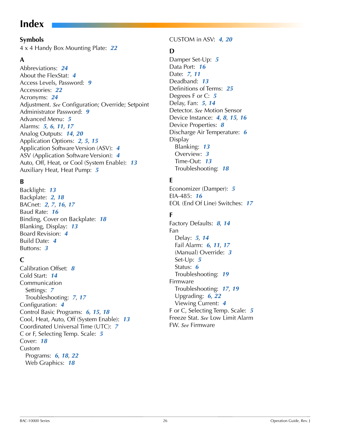 KMC BAC-10000 manual Index, Symbols 