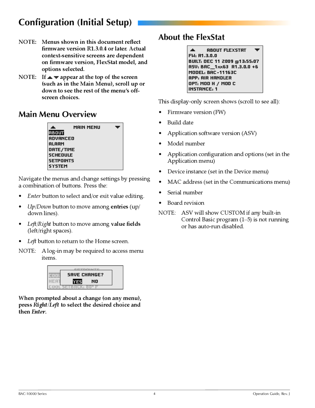 KMC BAC-10000 manual Configuration Initial Setup, Main Menu Overview, About the FlexStat 