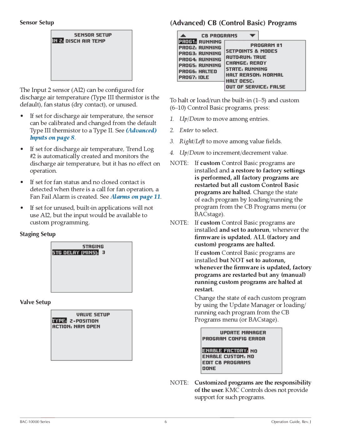 KMC BAC-10000 manual Advanced CB Control Basic Programs, Sensor Setup, Staging Setup, Valve Setup 