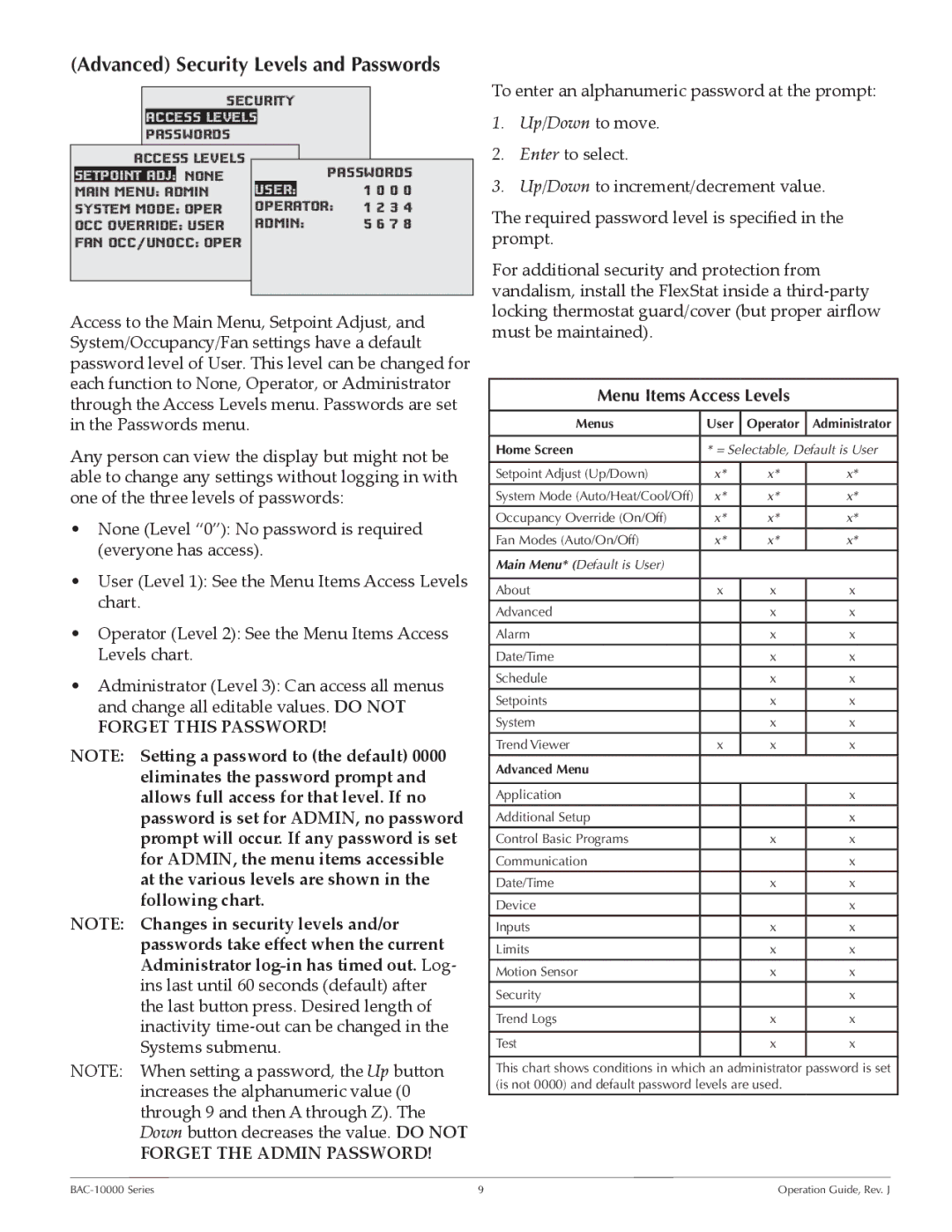 KMC BAC-10000 manual Advanced Security Levels and Passwords, Menu Items Access Levels 