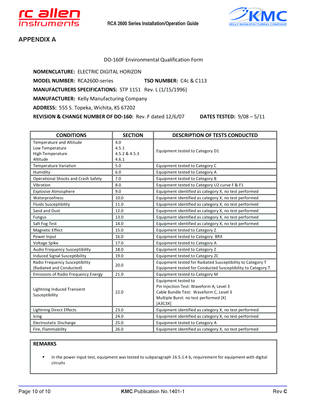 KMC RCA 2600-3 manual Appendix a, Manufacturers Specifications STP 