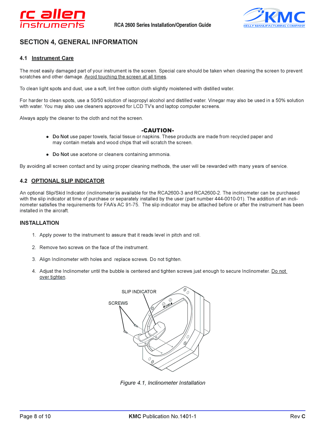 KMC RCA 2600-3 manual General Information, Optional Slip Indicator 