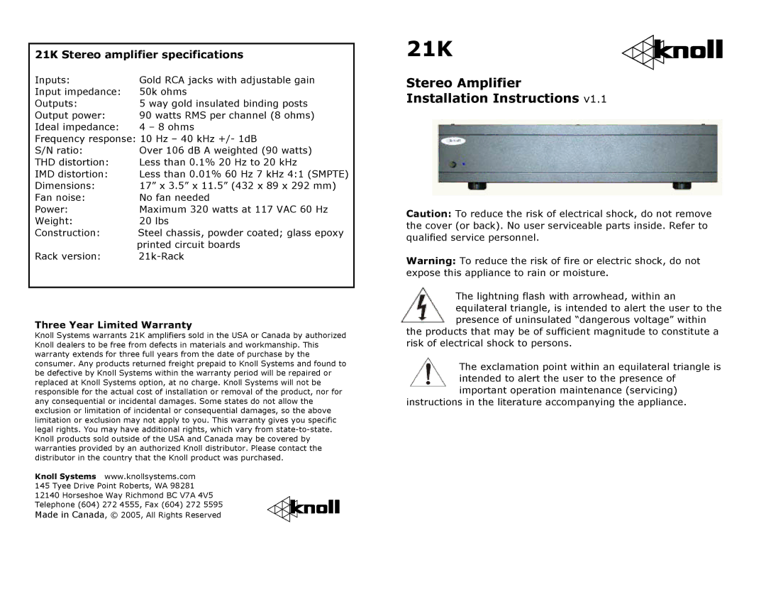 Knoll installation instructions 21K Stereo amplifier specifications 