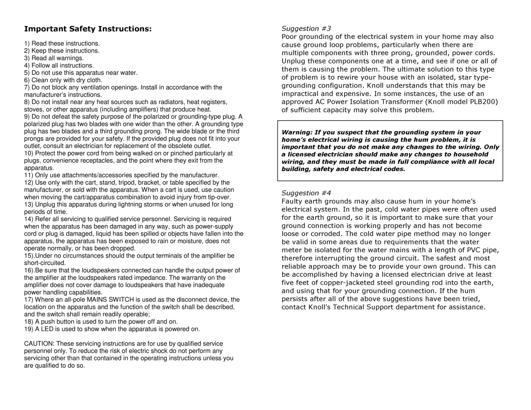 Knoll 21K installation instructions Important Safety Instructions 