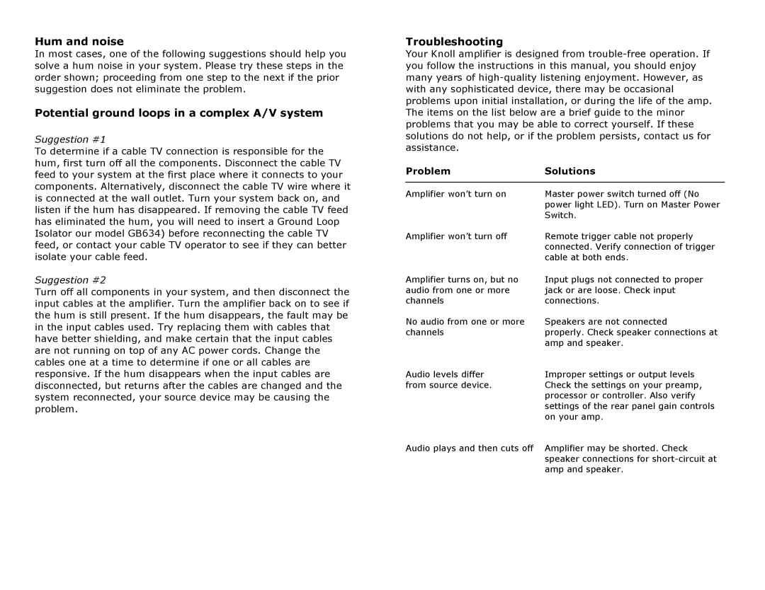 Knoll 21K installation instructions Hum and noise, Potential ground loops in a complex A/V system, Troubleshooting 