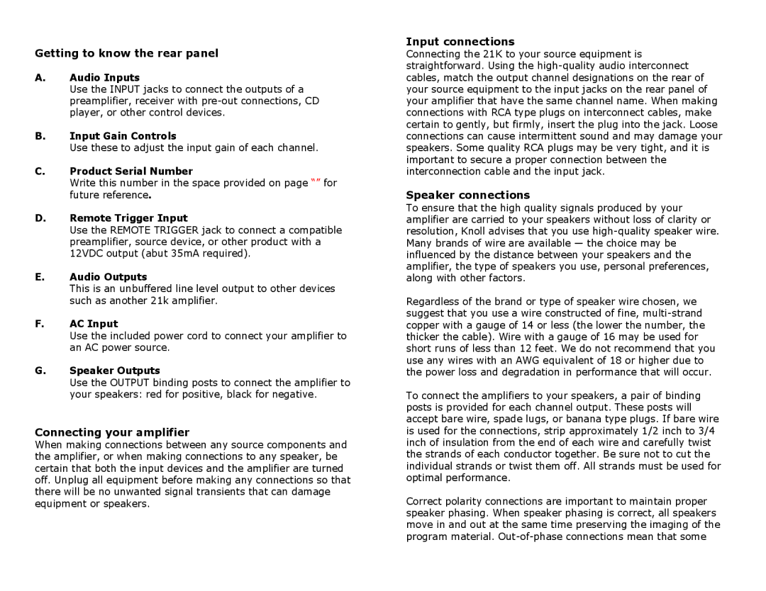 Knoll 21K Getting to know the rear panel, Connecting your amplifier, Input connections, Speaker connections 