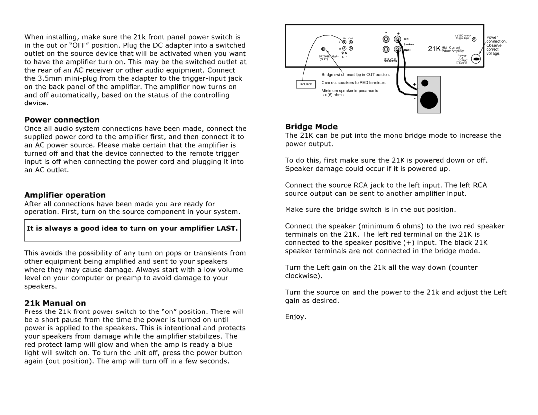 Knoll 21K installation instructions Power connection, Amplifier operation, 21k Manual on, Bridge Mode 