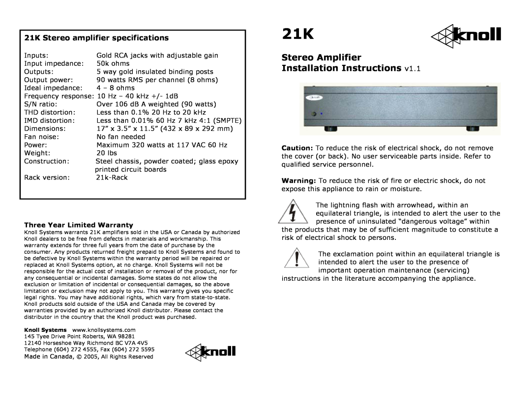 Knoll installation instructions 21K Stereo amplifier specifications, Stereo Amplifier Installation Instructions 
