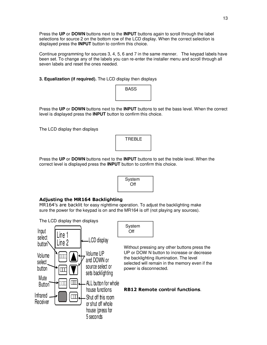 Knoll GSZ67 installation instructions Adjusting the MR164 Backlighting, RB12 Remote control functions 